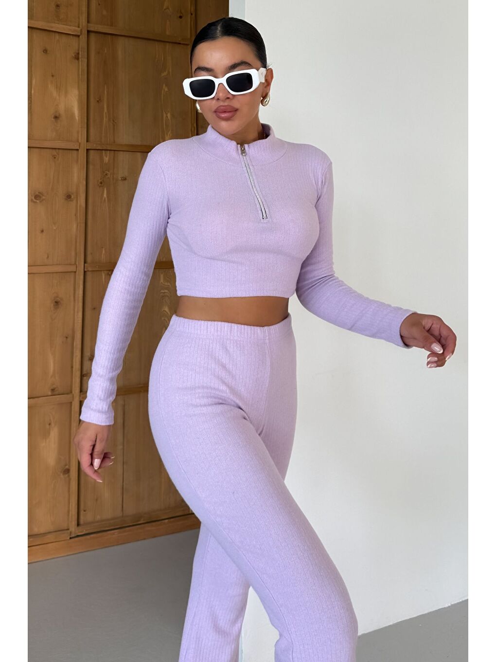 Mor Kadın Eflatun Yarım Fermuarlı Crop Alt-Üst Pantolonlu Takım-4