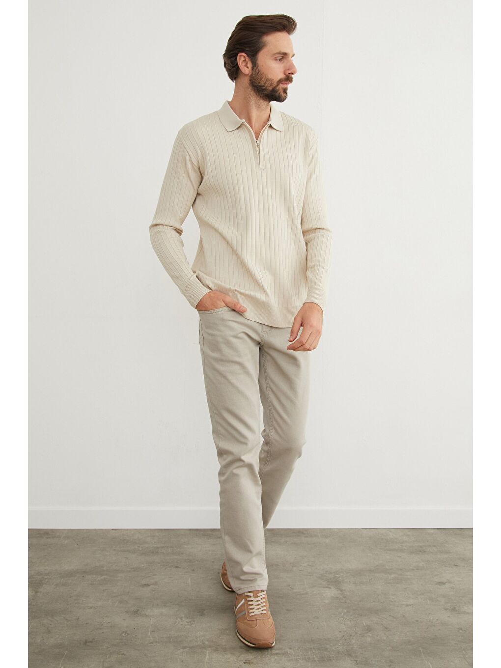 Bej Fitilli Yarım Fermuarlı Polo Yaka Triko Kazak-3