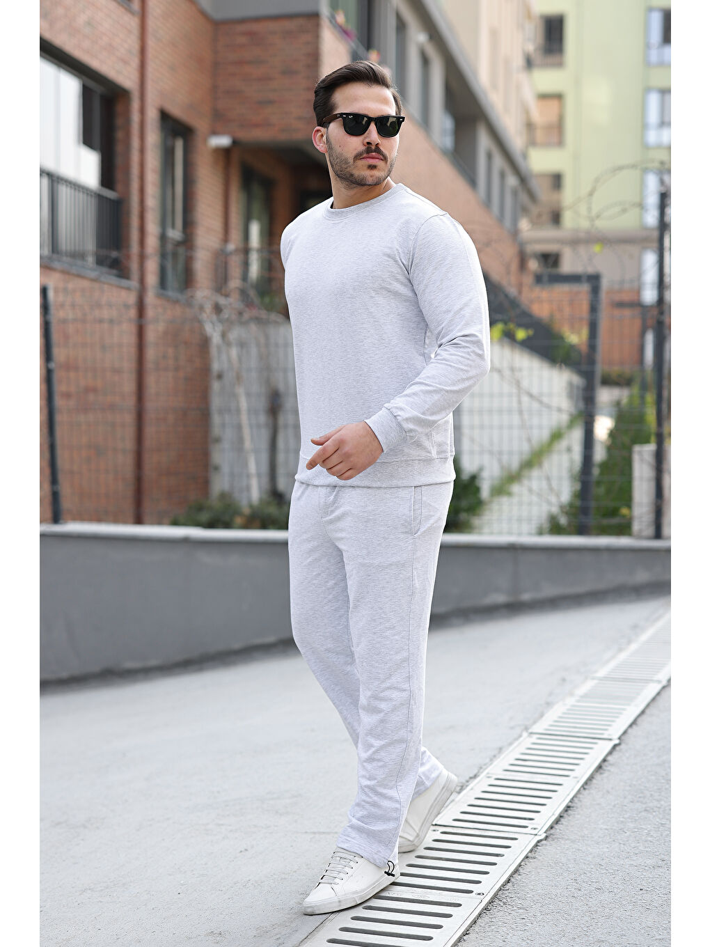 Erkek Pamuklu Bisiklet Yaka Dar A.Gri Eşofman Takımı-3