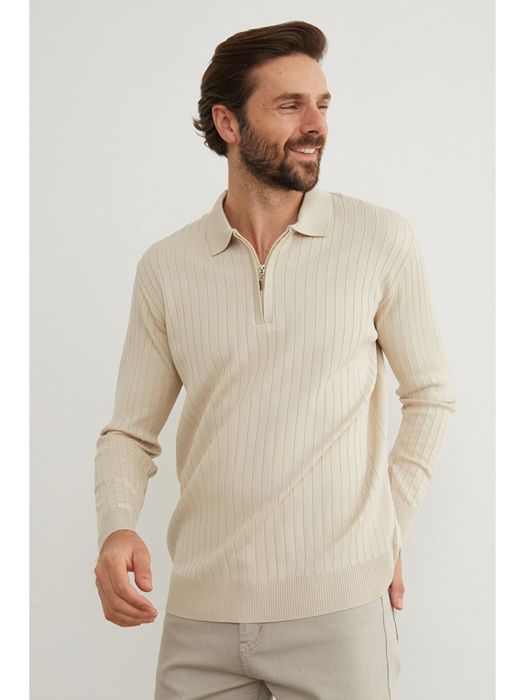 Bej Fitilli Yarım Fermuarlı Polo Yaka Triko Kazak-4