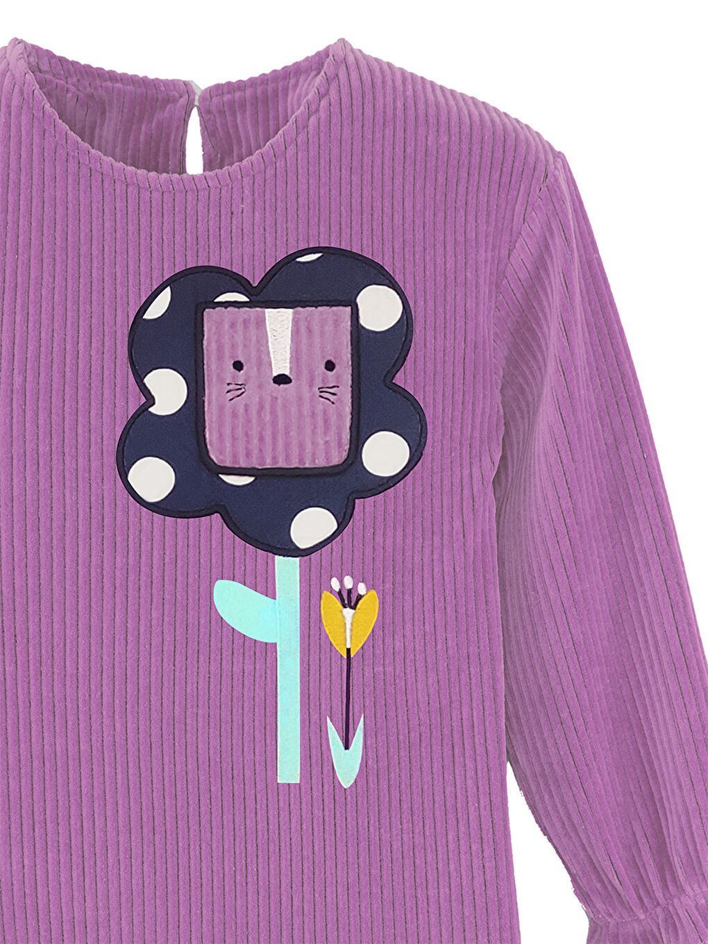 Çiçekli Kız Çocuk Lila Kadife Elbise-4