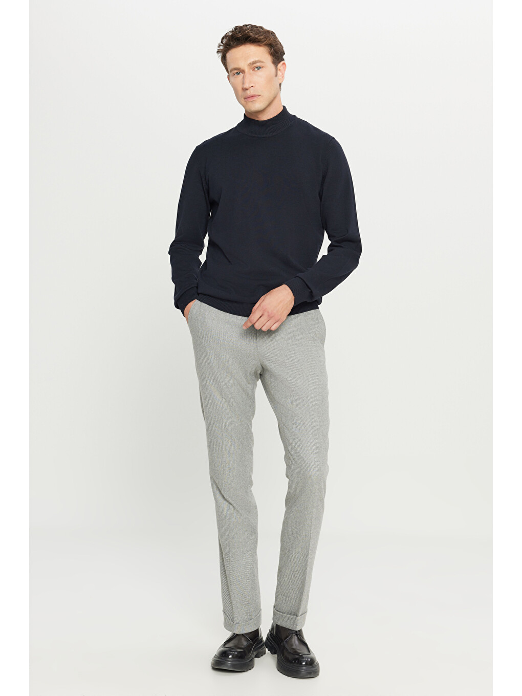 Erkek Gri Yünlü Slim Fit Dar Kesim Beli Gizli Lastikli Yan Cepli Diagonal Desenli Klasik Pantolon-1
