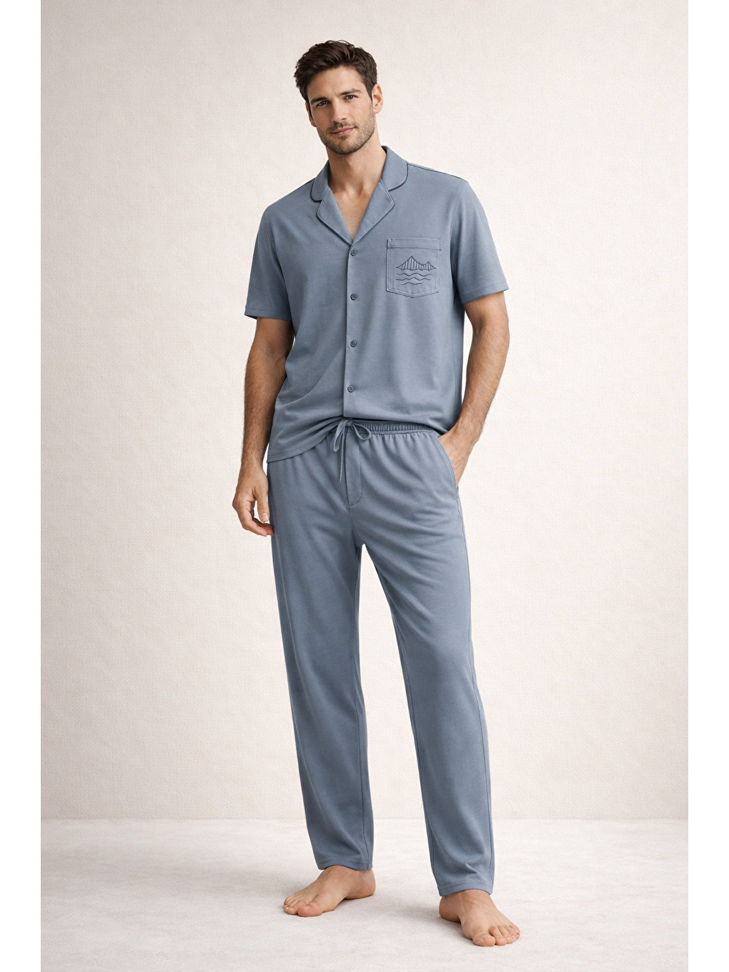 Erkek İstanbul Serisi Boğaz Köprüsü Desenli Premium Kutulu Pijama Takımı Mavi-1