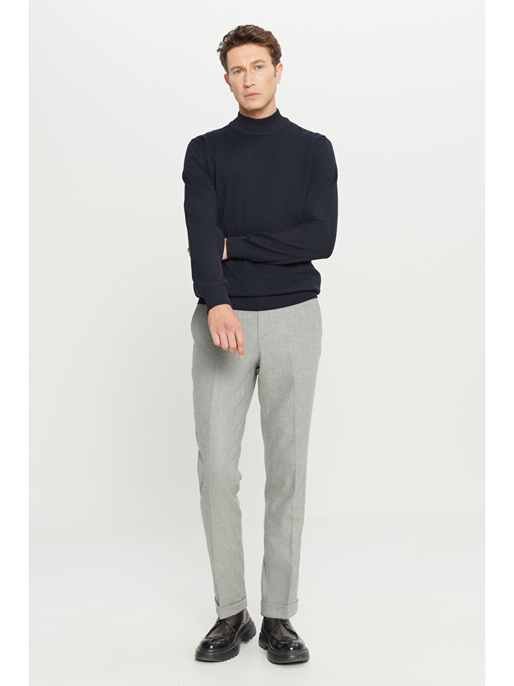 Erkek Gri Yünlü Slim Fit Dar Kesim Beli Gizli Lastikli Yan Cepli Diagonal Desenli Klasik Pantolon-2