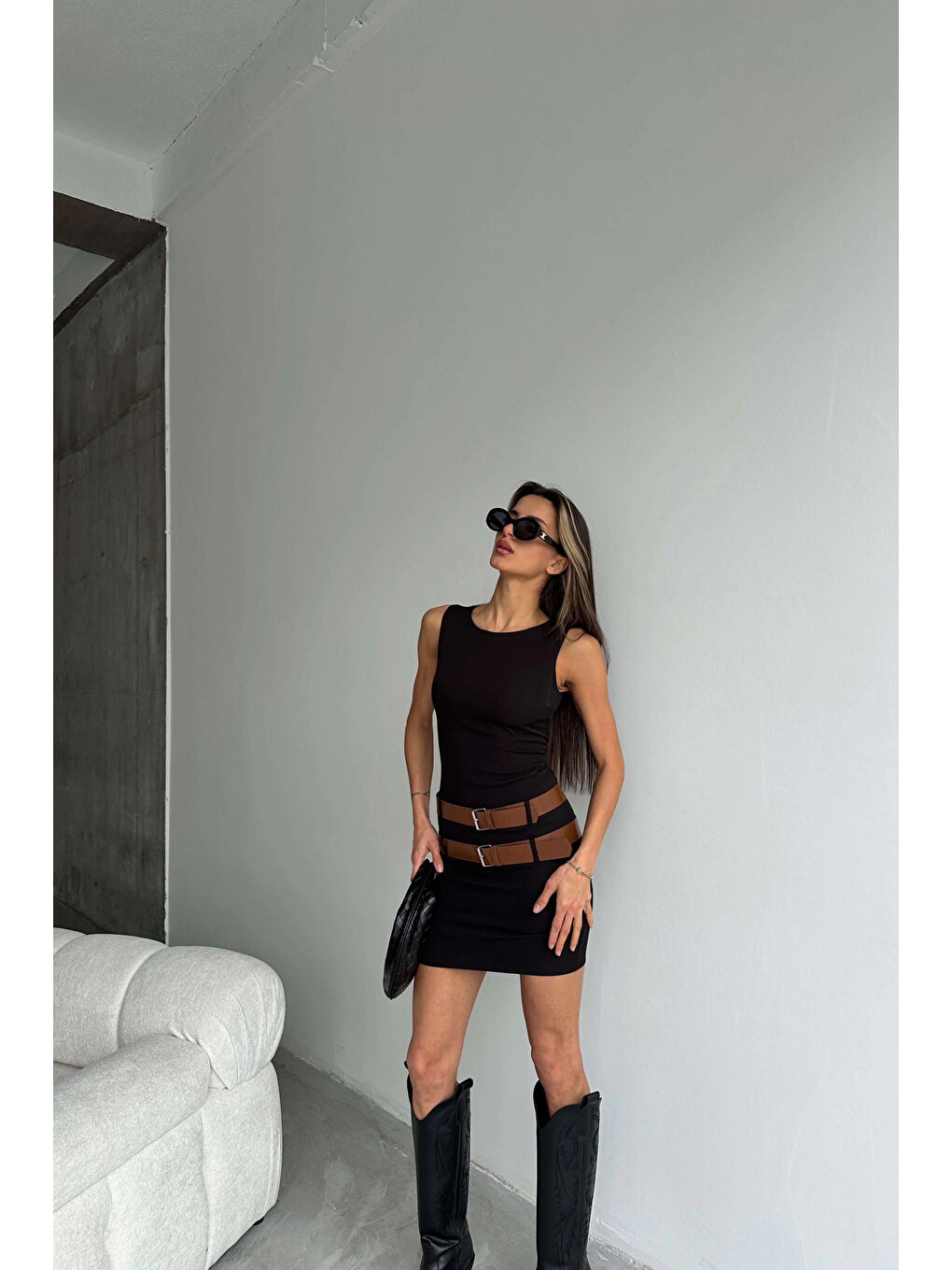 Kadın Siyah Çift Kemerli Elbise 1007-242401-4