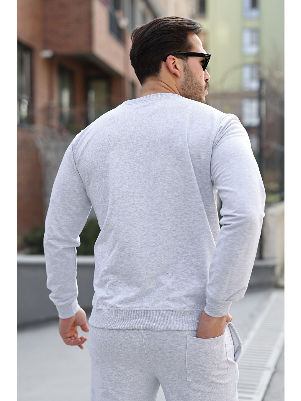 Erkek Pamuklu Bisiklet Yaka Dar A.Gri Eşofman Takımı-5