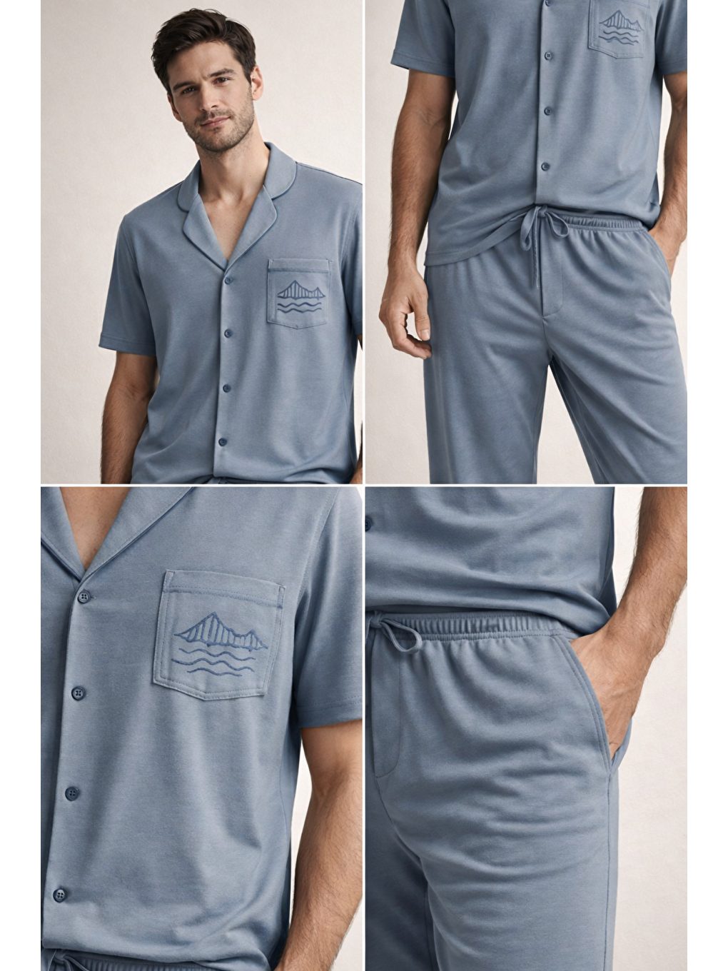 Erkek İstanbul Serisi Boğaz Köprüsü Desenli Premium Kutulu Pijama Takımı Mavi-2