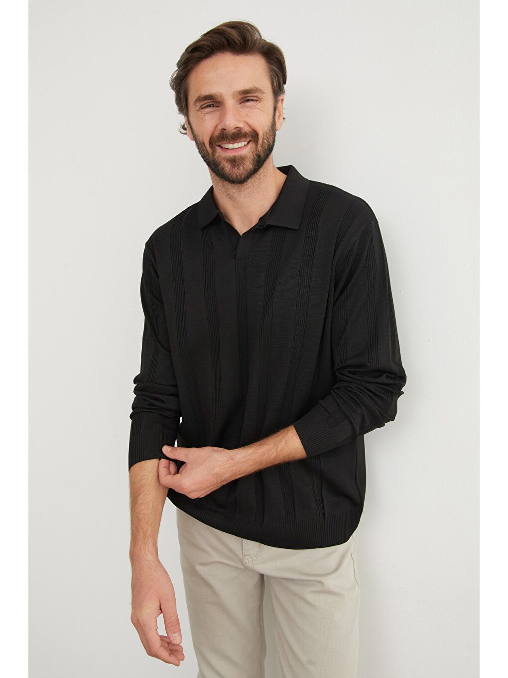 Siyah Şeritli Polo Yaka Triko Kazak-1