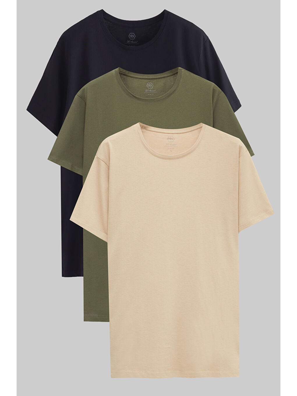 Slim Fit Lacivert/Haki/Bej 3'Lü T-Shirt