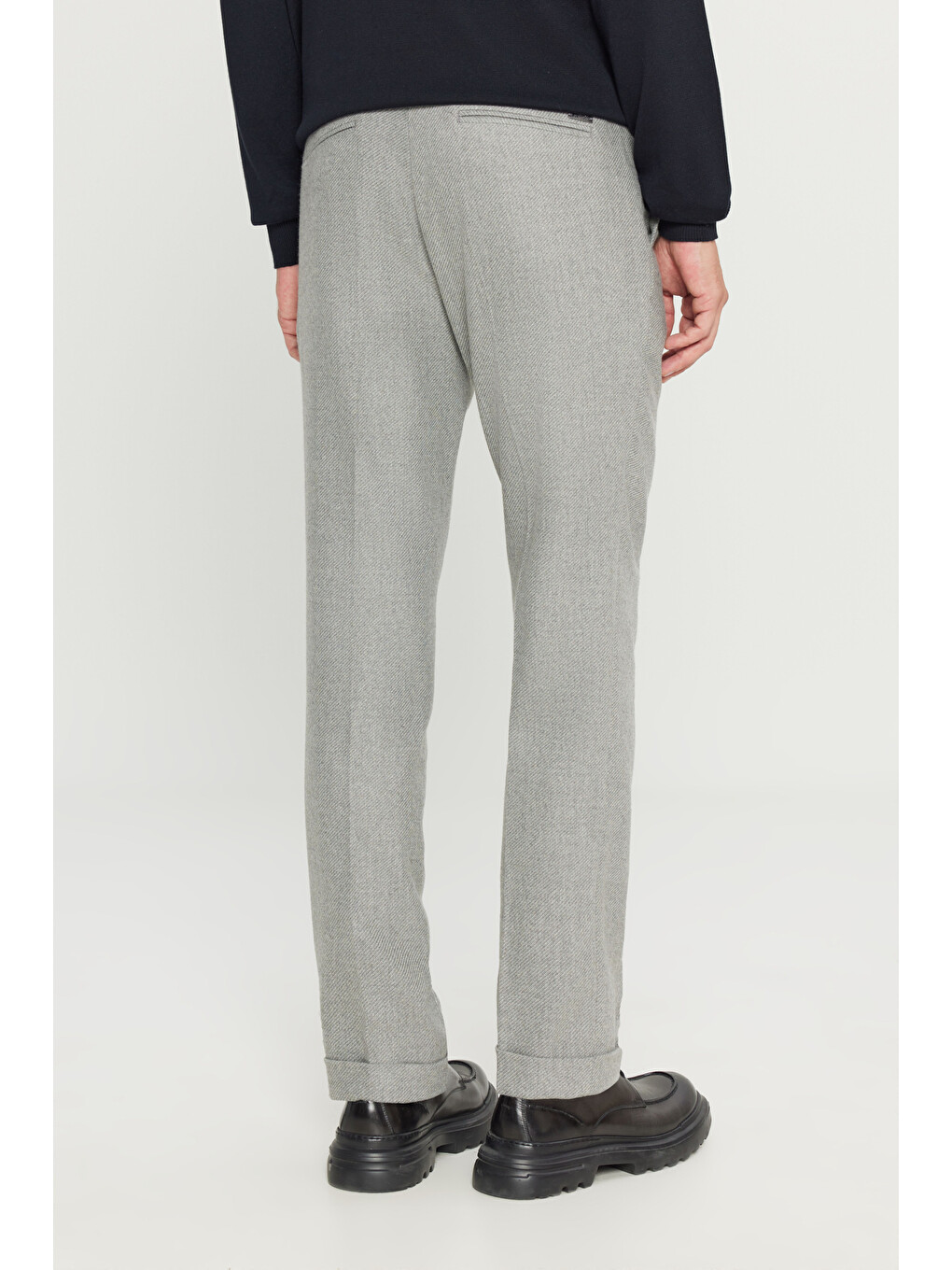 Erkek Gri Yünlü Slim Fit Dar Kesim Beli Gizli Lastikli Yan Cepli Diagonal Desenli Klasik Pantolon-4