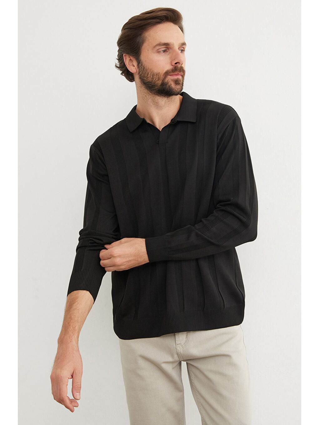 Siyah Şeritli Polo Yaka Triko Kazak-2