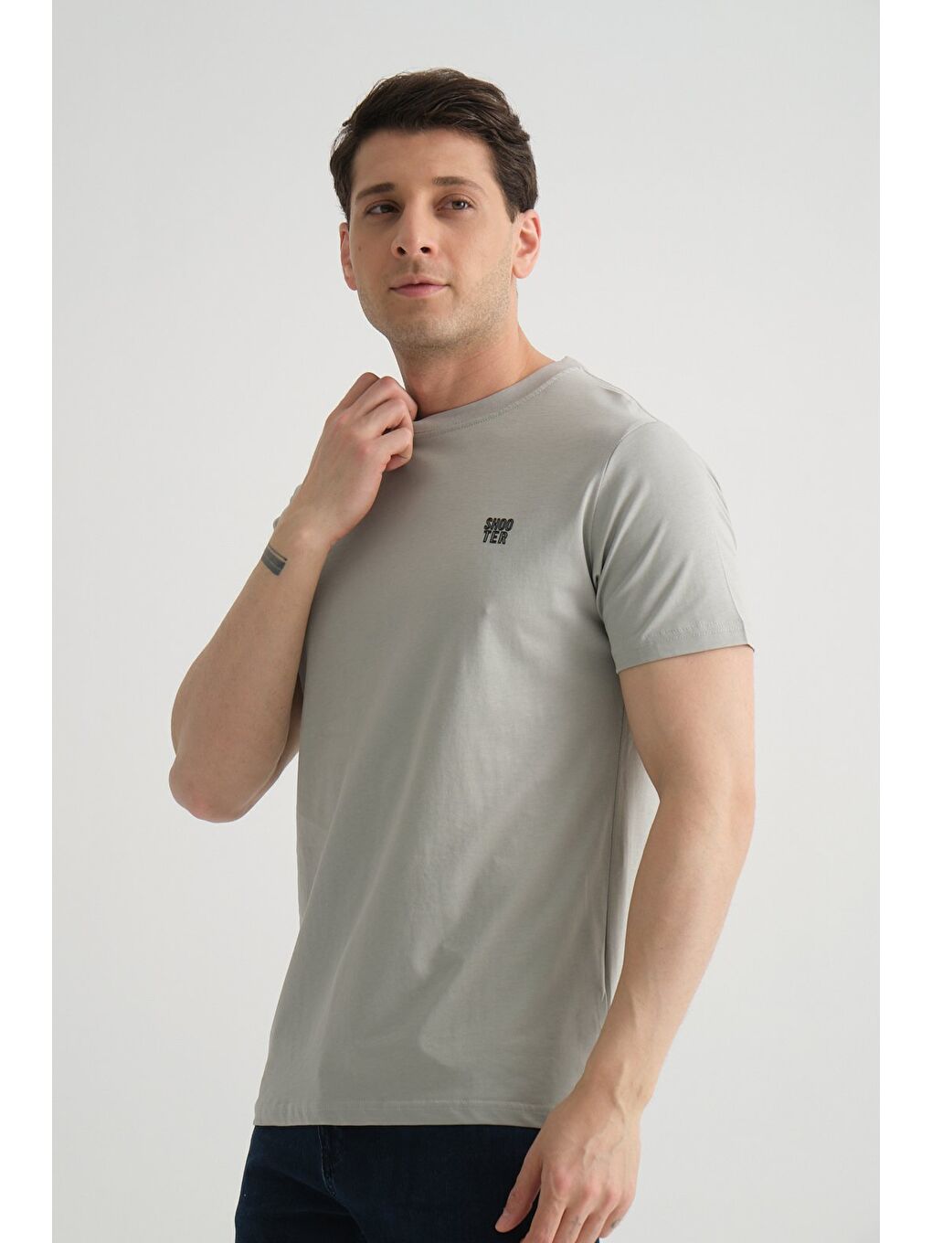 Gri Shooter Erkek Pamuklu Esnek T-shirt  Standart Kalıp Minimal Logolu-2