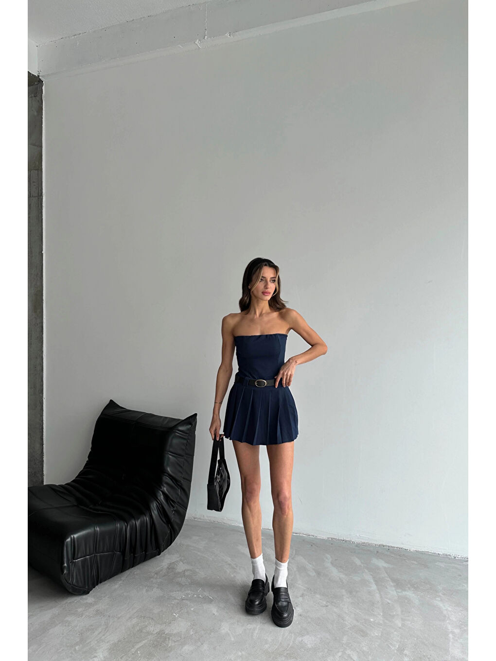 Kadın Lacivert Kemerli Straplez Şortlu Elbise 1026-221462-6