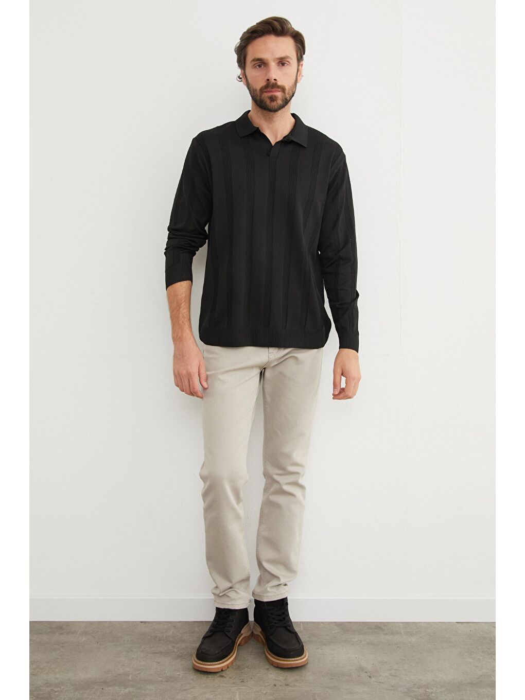 Siyah Şeritli Polo Yaka Triko Kazak-3