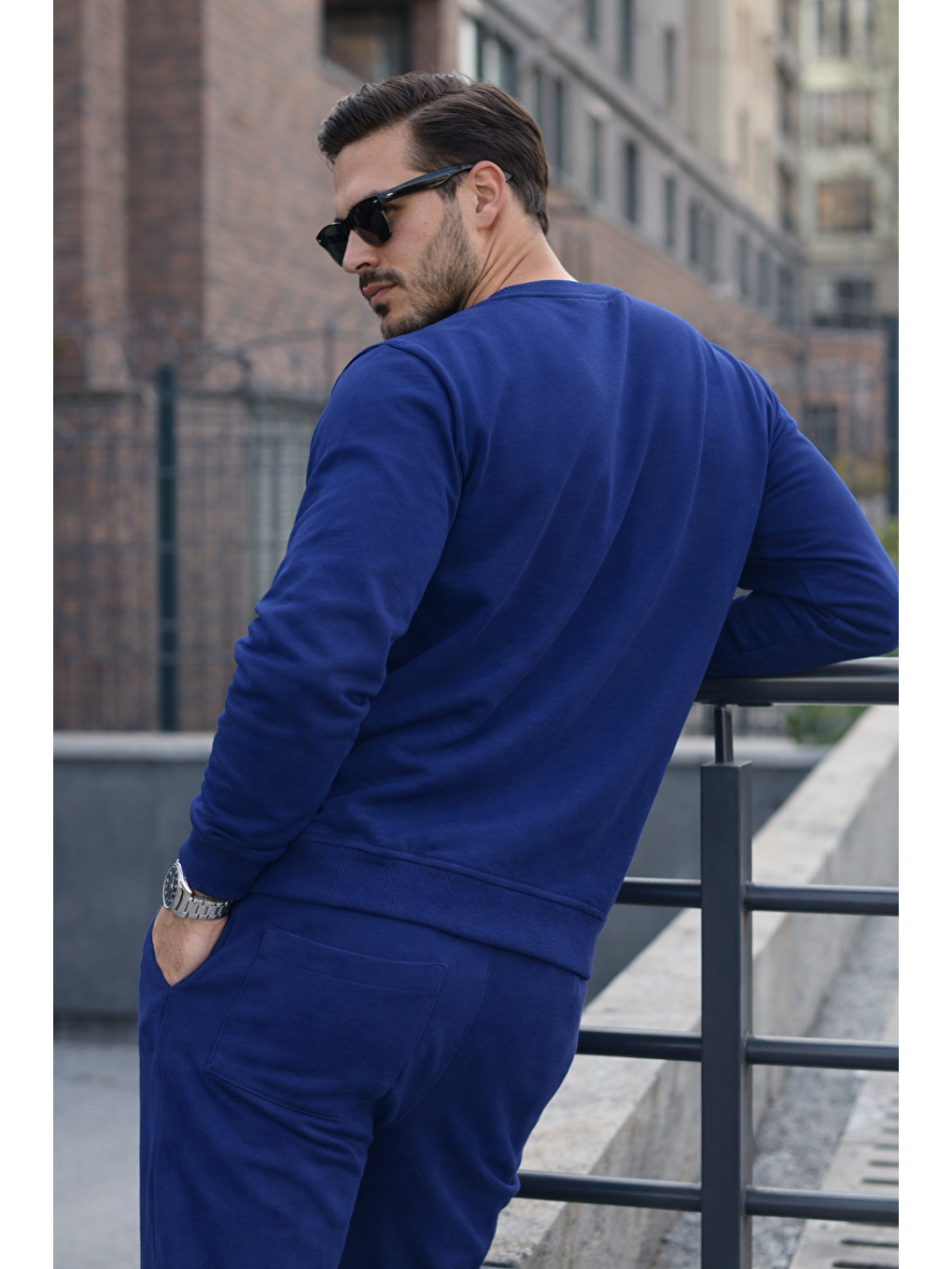 Erkek Pamuklu Bisiklet Yaka Dar Lacivert Eşofman Takımı-5