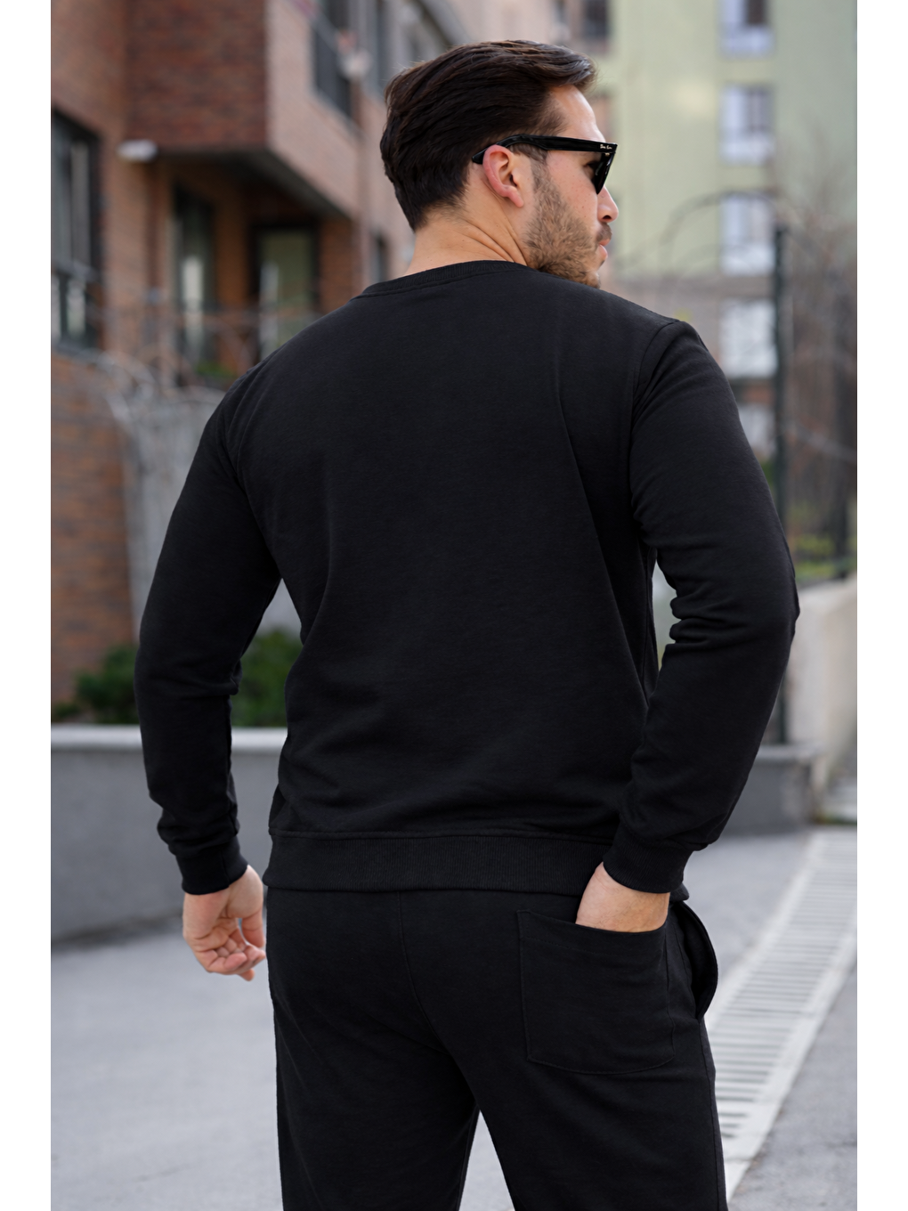 Erkek Pamuklu Bisiklet Yaka Dar Siyah Eşofman Takımı-3