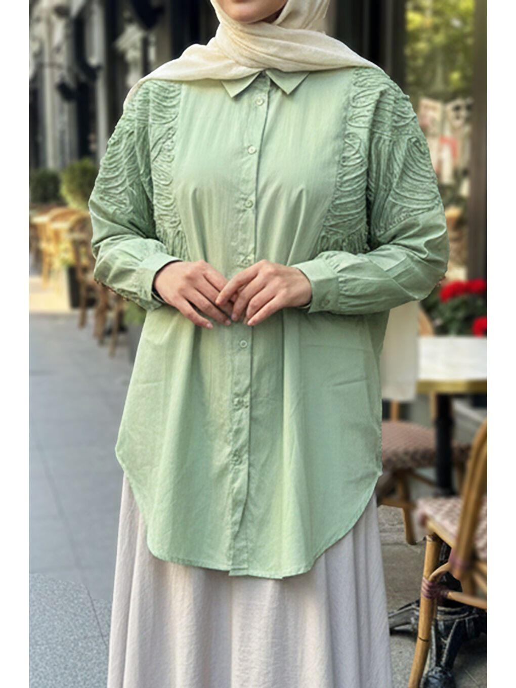 Aplike Detaylı Paper Touch Gömlek Tunik 5175 Elma Yeşili-1