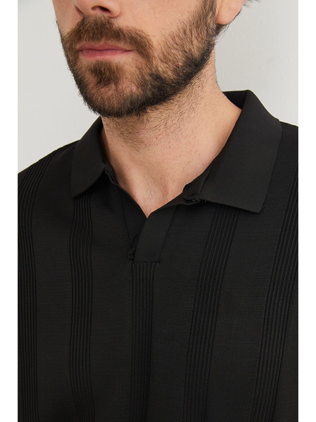 Siyah Şeritli Polo Yaka Triko Kazak-4