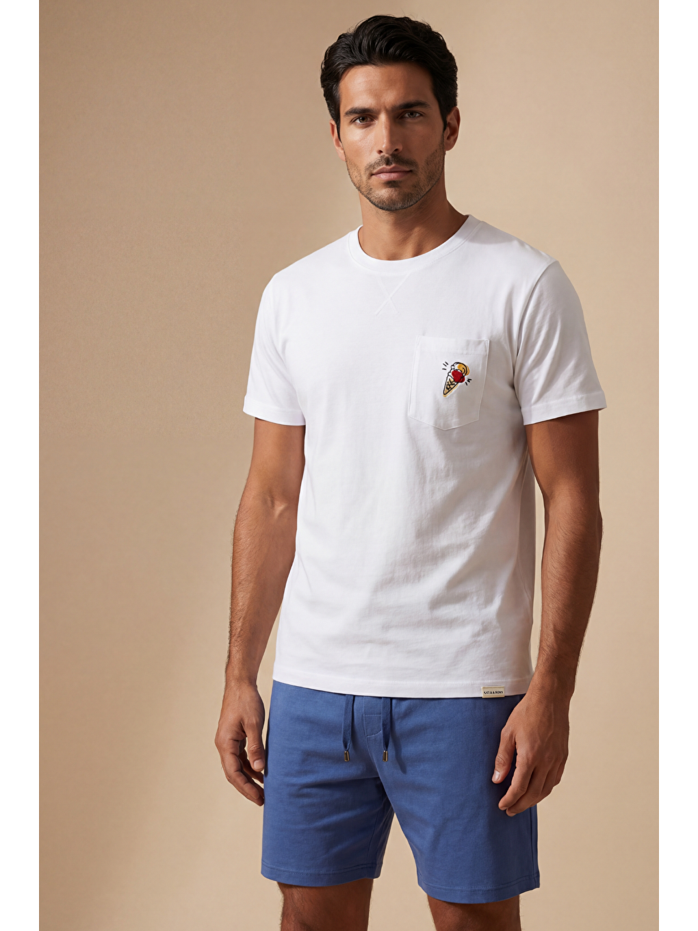 Ekru Erkek Floral Dondurma Desenli Şortlu Pijama Takımı