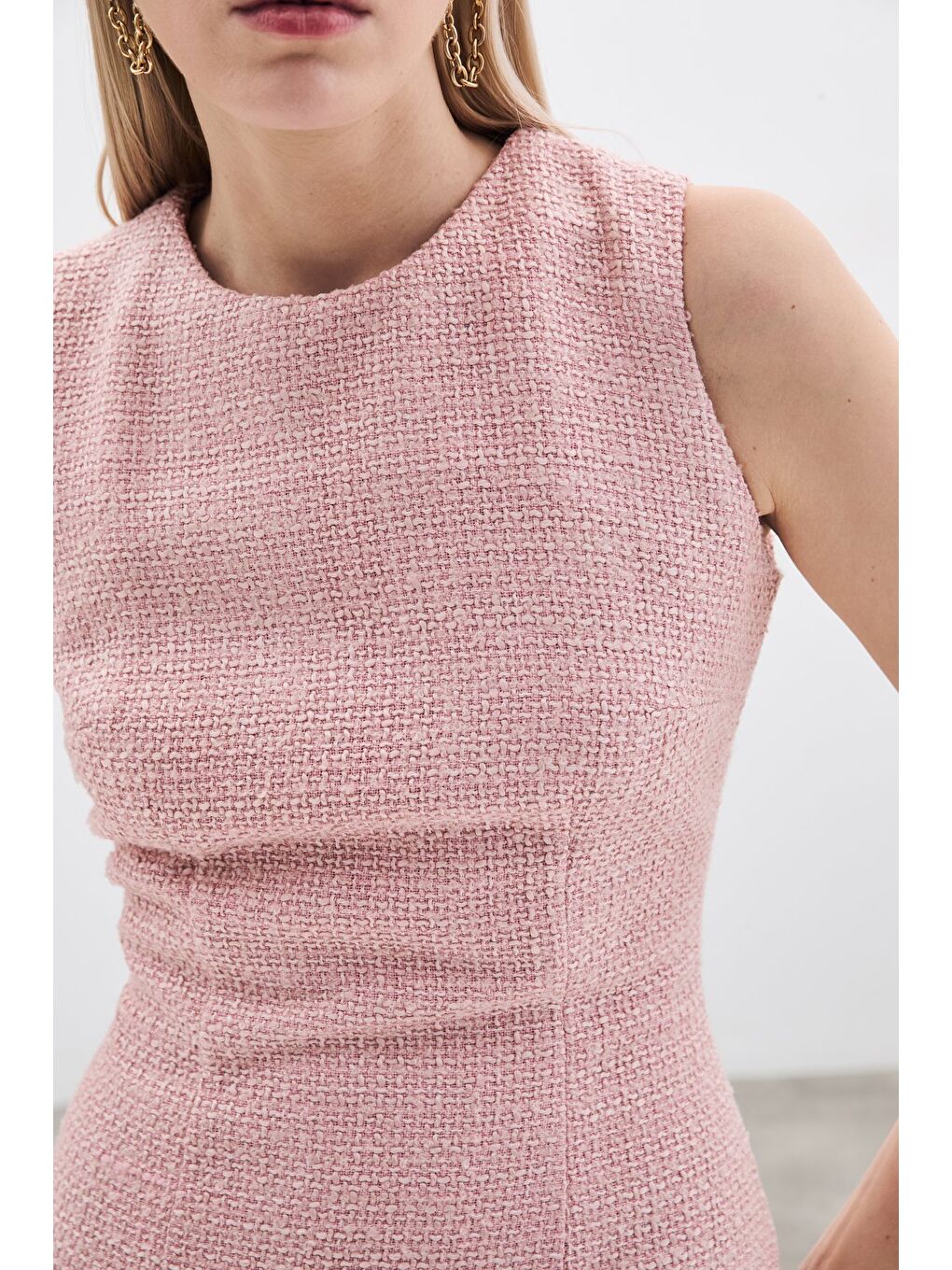 Pembe Kolsuz Uzun Tüvit Elbise - Pudra-6