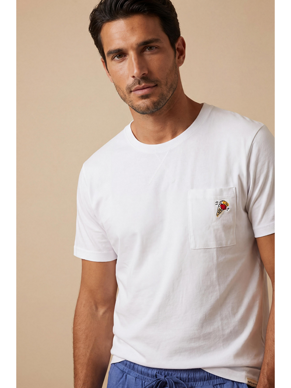 Ekru Erkek Floral Dondurma Desenli Şortlu Pijama Takımı-1