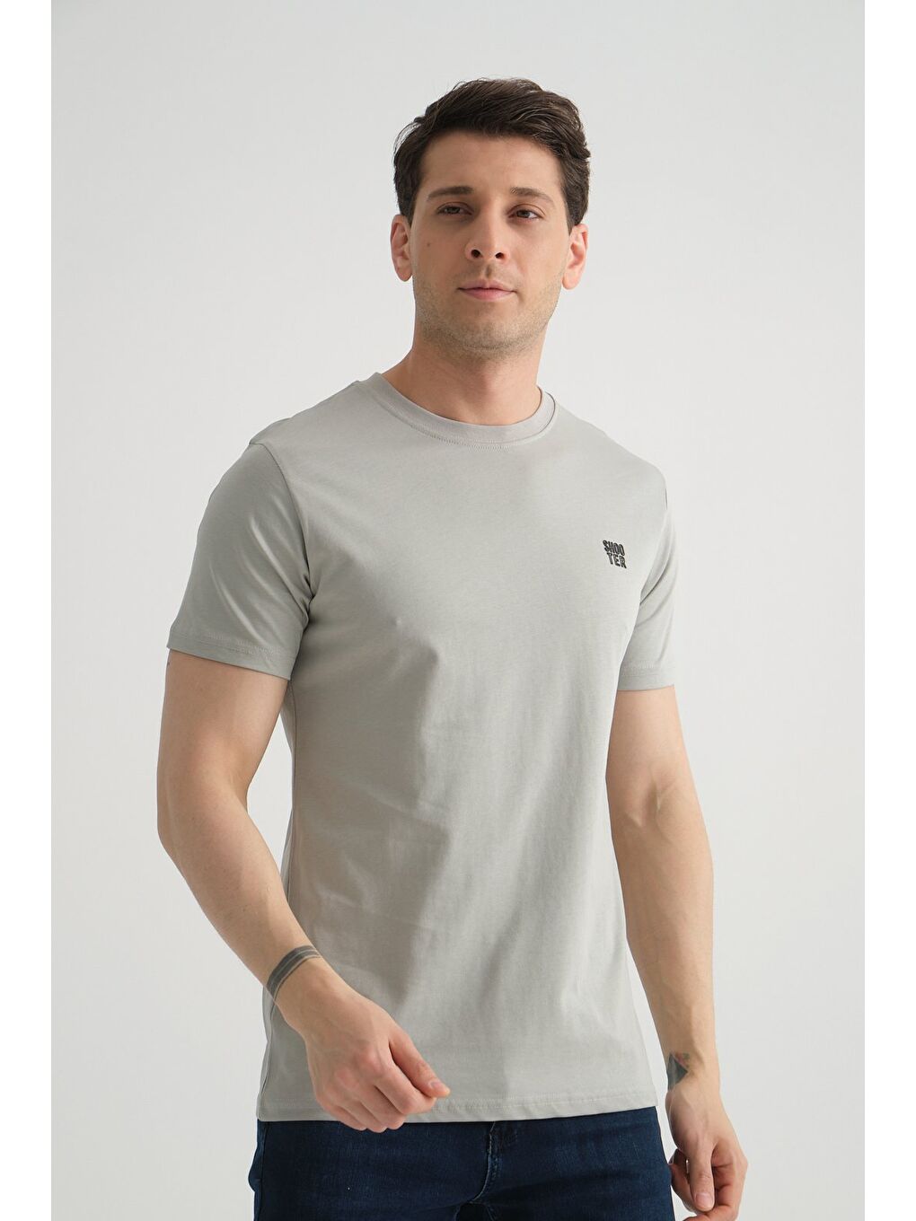 Gri Shooter Erkek Pamuklu Esnek T-shirt  Standart Kalıp Minimal Logolu-5