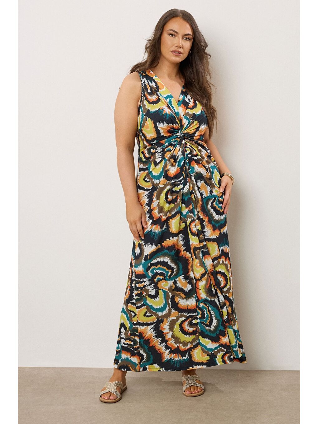 Karışık Büyük Beden V Yaka Sıfır Kol Önü Büzgülü Soyut Desenli Maxi Elbise 616343