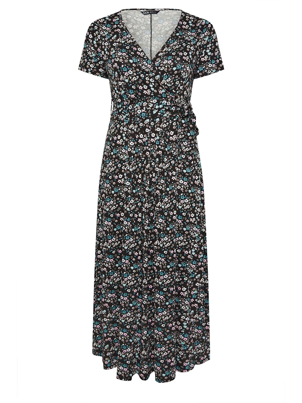 Siyah Büyük Beden V yaka Kısa Kollu Beli Kuşaklı Çiçek Desenli Maxi Elbise 304081-5