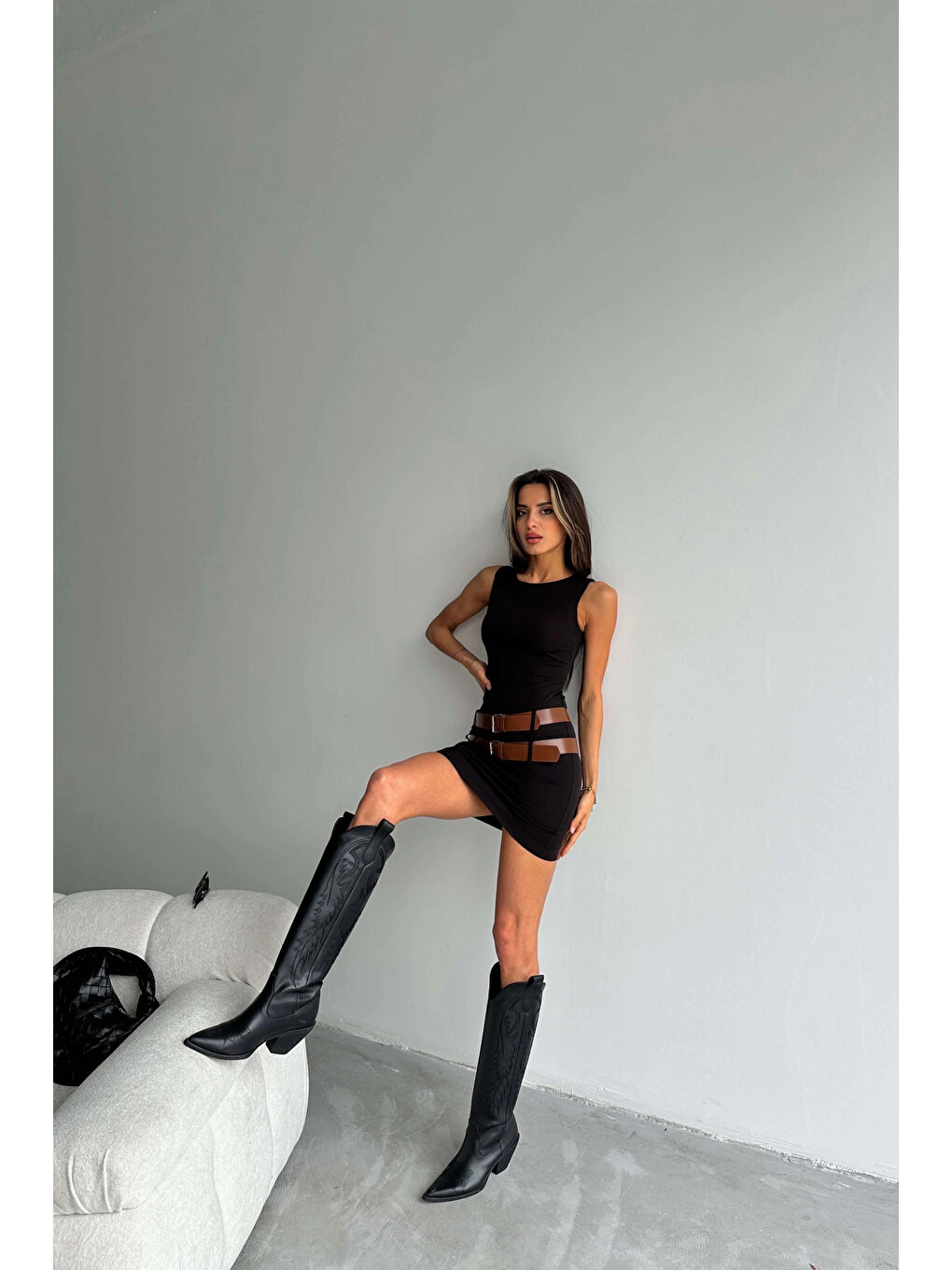 Kadın Siyah Çift Kemerli Elbise 1007-242401-5