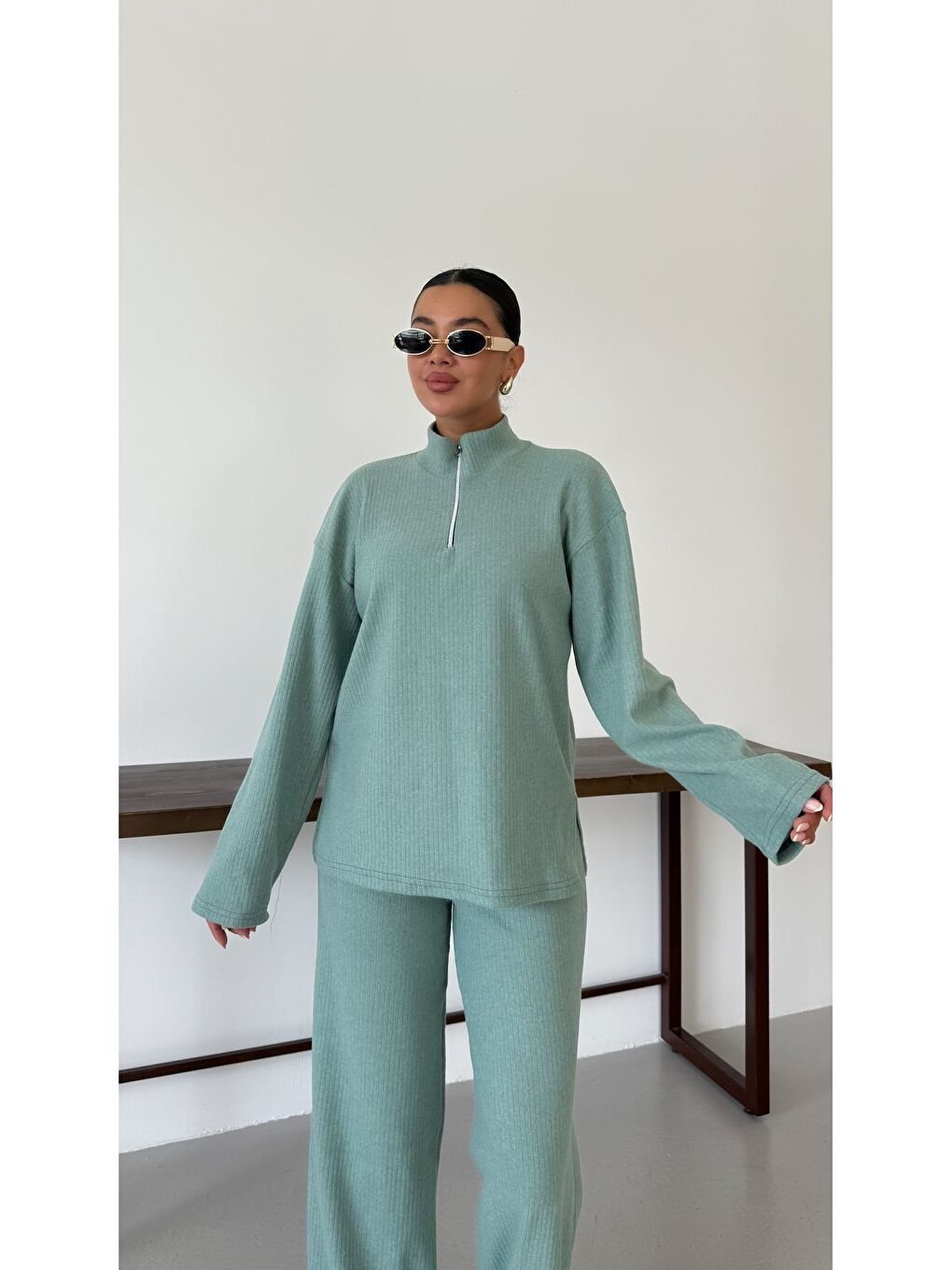 Kadın Mint Yeşili Yarım Fermuarlı Dik Yaka Kazak Alt-Üst Pantolonlu Takım-4