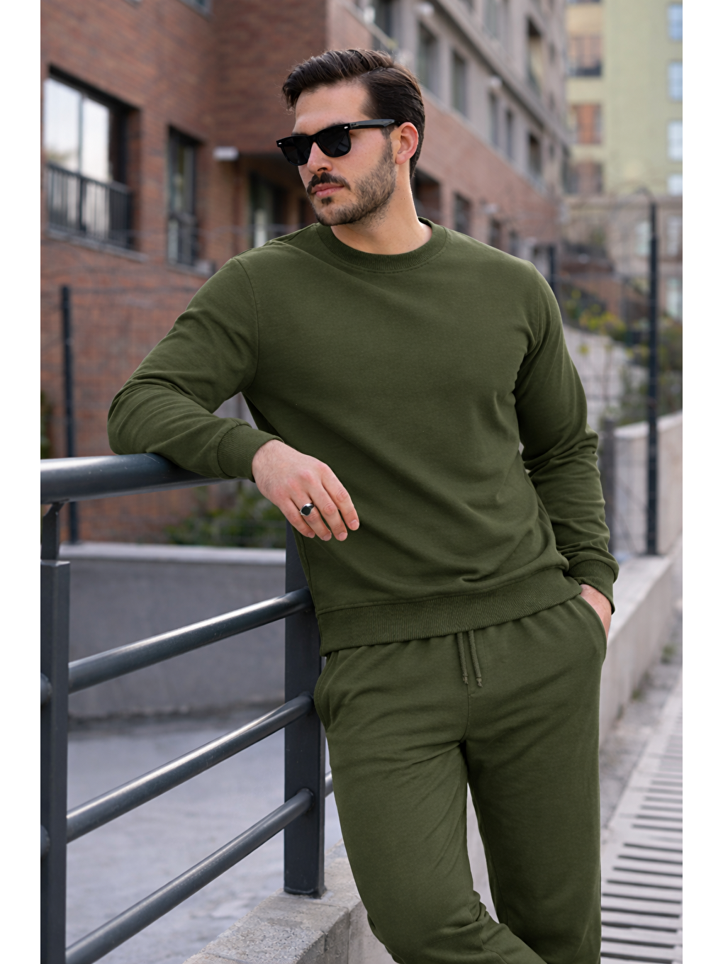 Erkek Pamuklu Bisiklet Yaka Dar Haki Eşofman Takımı-2