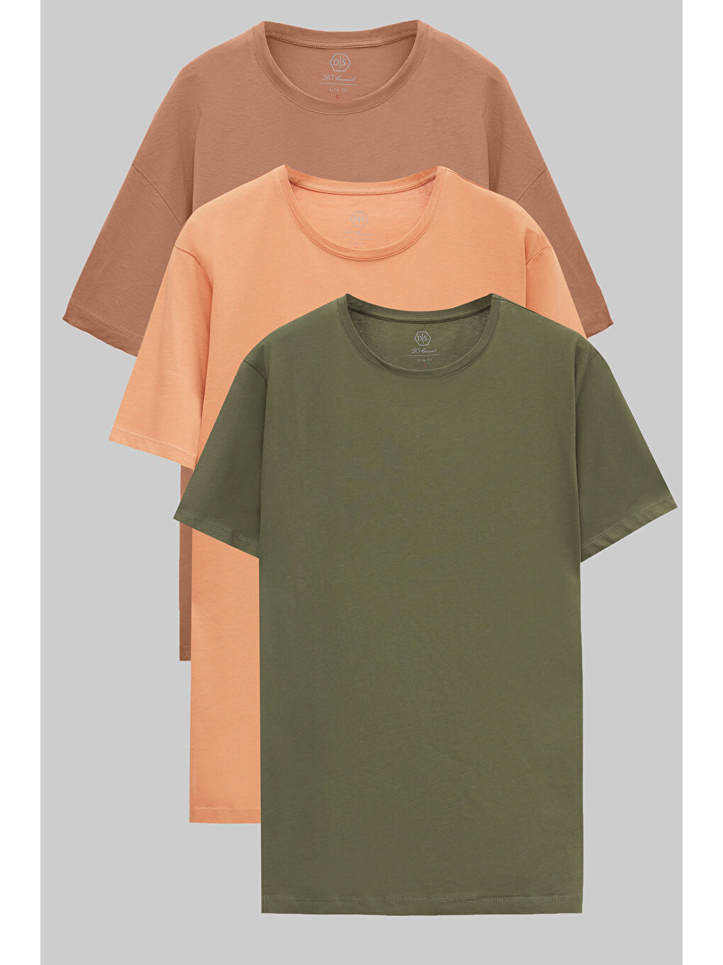 Slim Fit Vizon/Tarçın/Haki 3'Lü T-Shirt