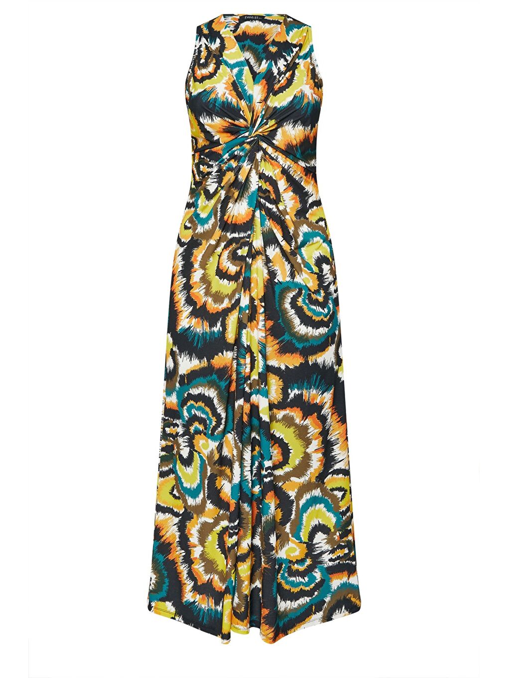 Karışık Büyük Beden V Yaka Sıfır Kol Önü Büzgülü Soyut Desenli Maxi Elbise 616343-5