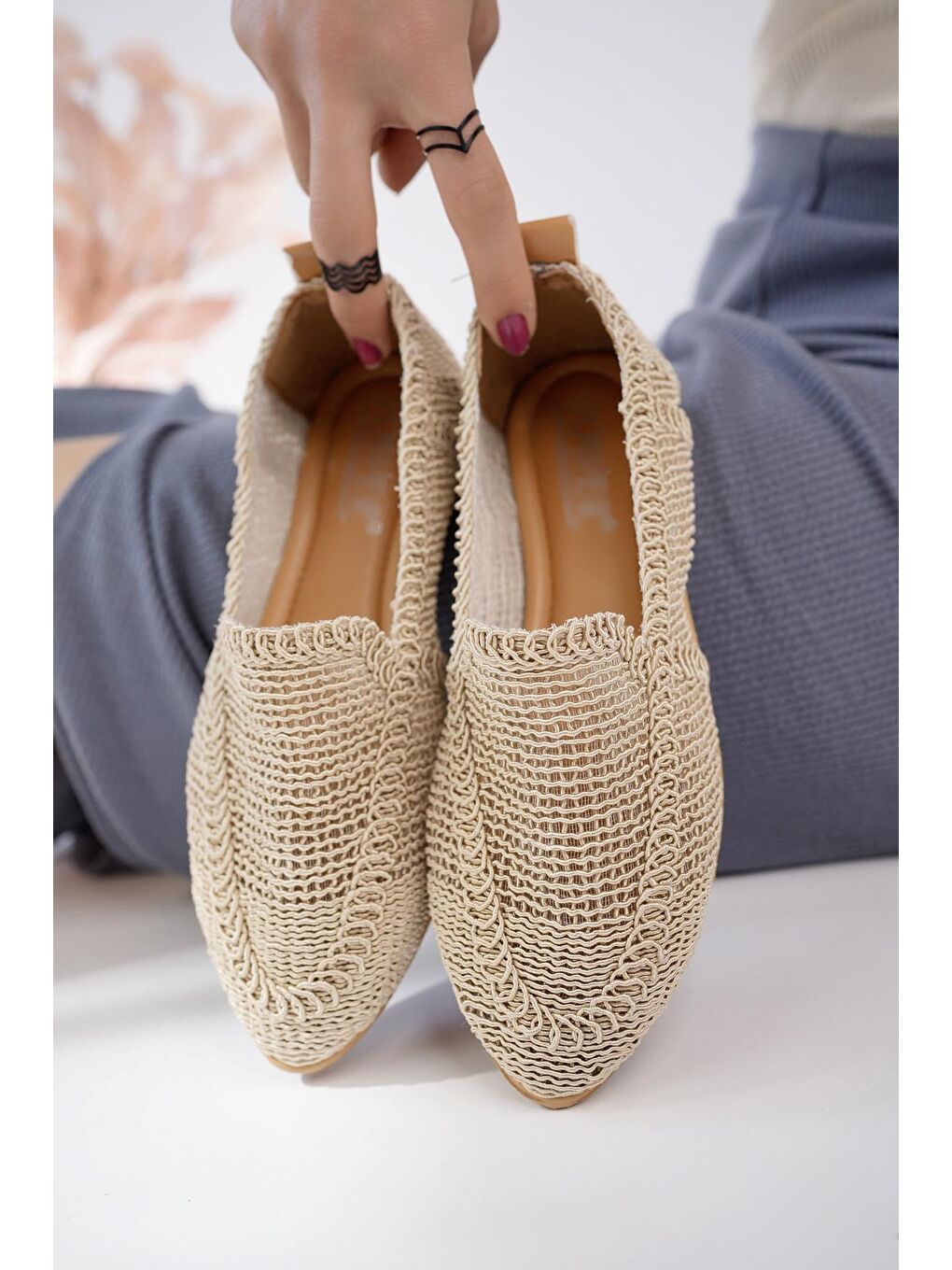 Bej PWR-700 Hasır Babet Günlük Kadın Ayakkabı Ev Babeti Ev Ayakkabısı