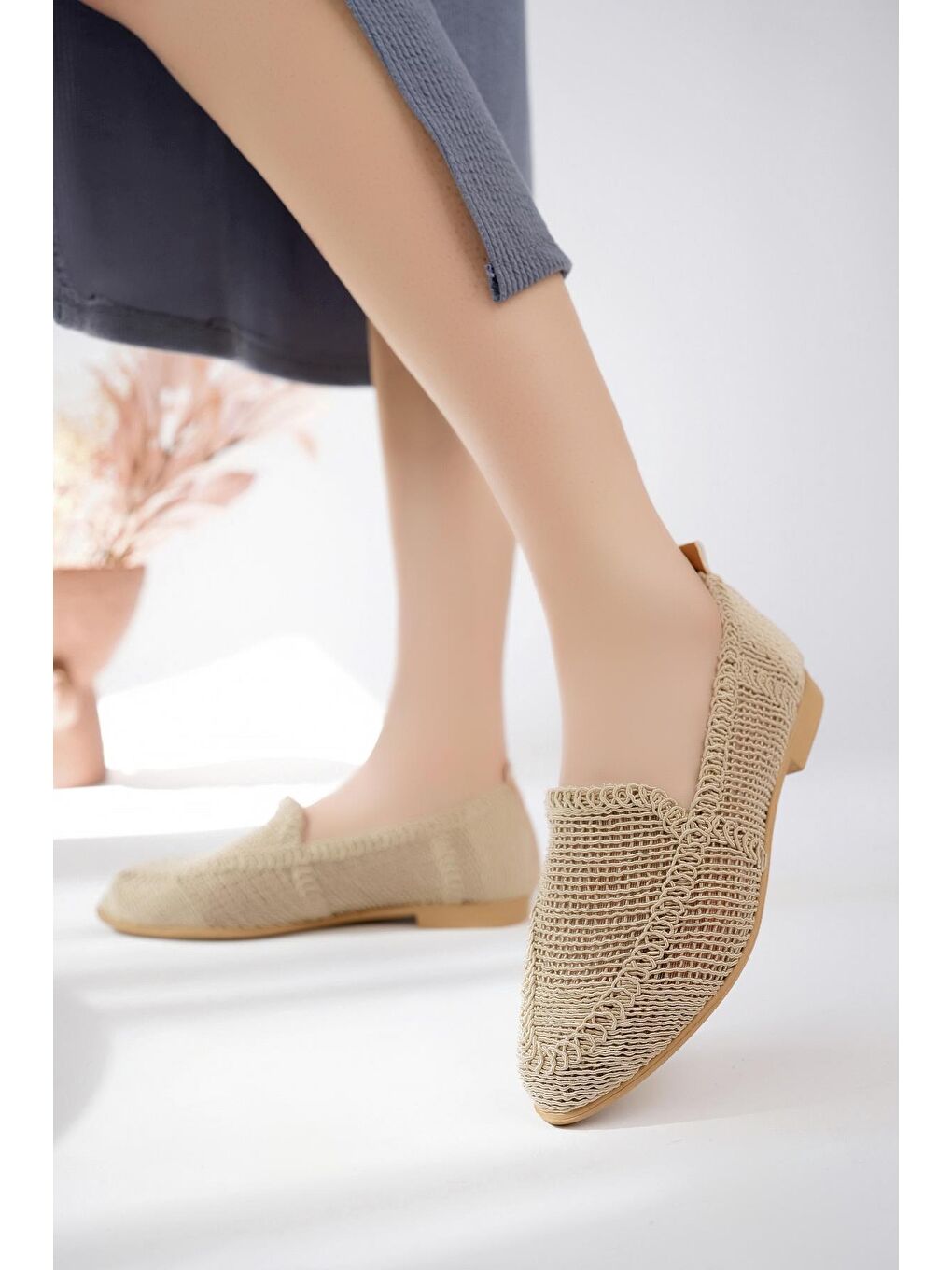 Bej PWR-700 Hasır Babet Günlük Kadın Ayakkabı Ev Babeti Ev Ayakkabısı-1