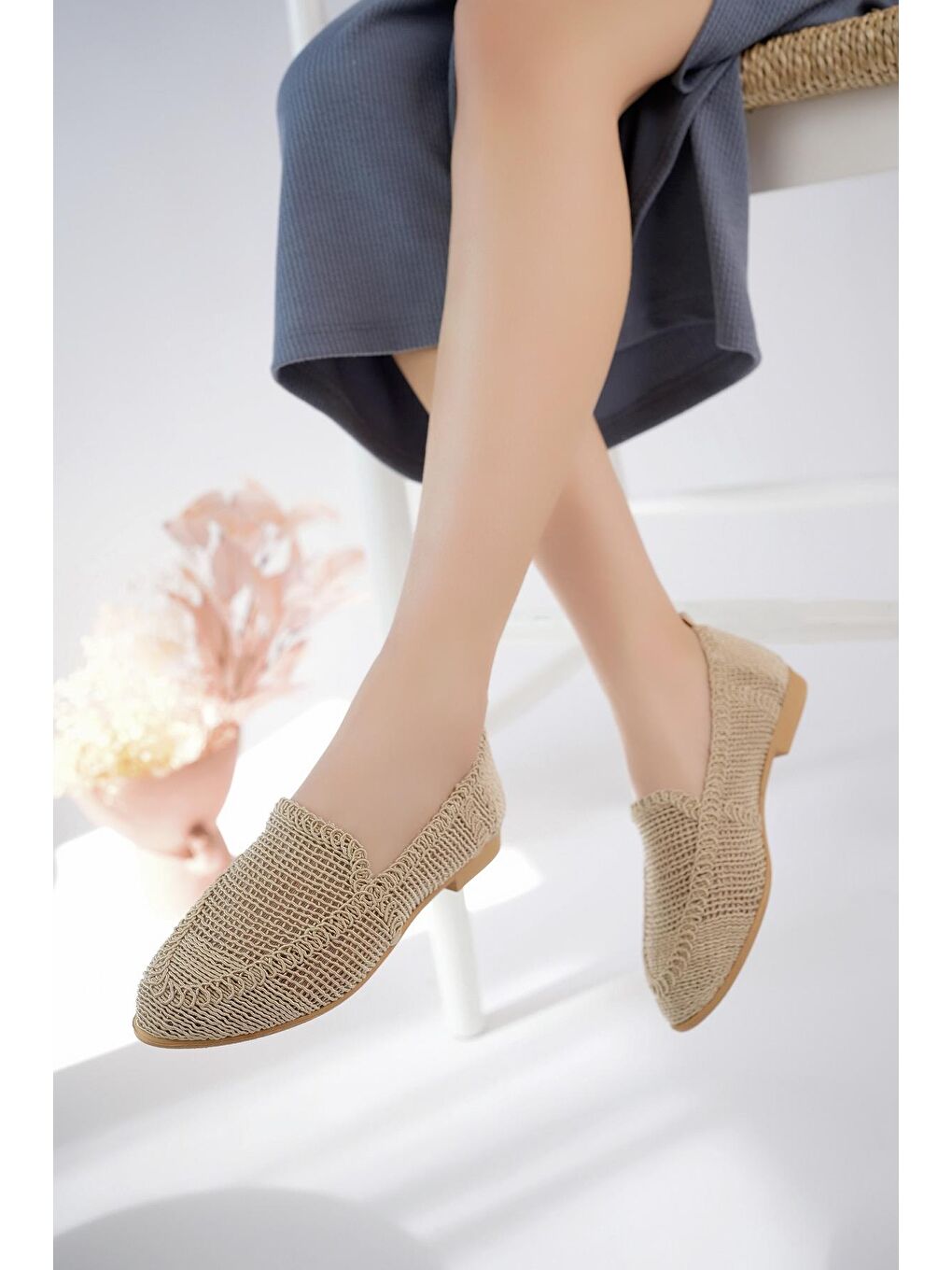 Bej PWR-700 Hasır Babet Günlük Kadın Ayakkabı Ev Babeti Ev Ayakkabısı-2