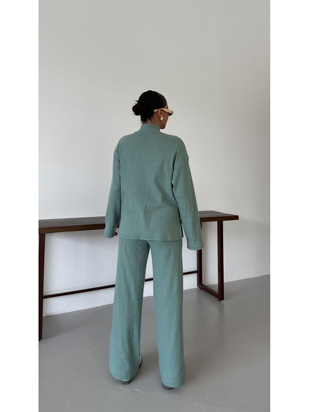 Kadın Mint Yeşili Yarım Fermuarlı Dik Yaka Kazak Alt-Üst Pantolonlu Takım-5