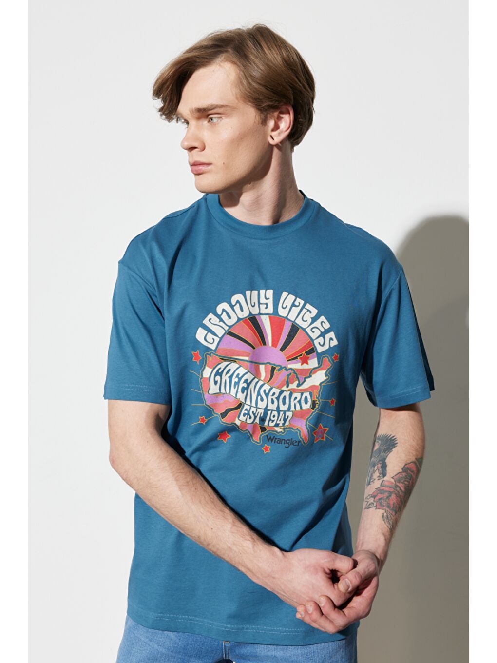 Loose Fit Rahat Kesim %100 Pamuk Bisiklet Yaka Petrol Mavisi Tişört-2