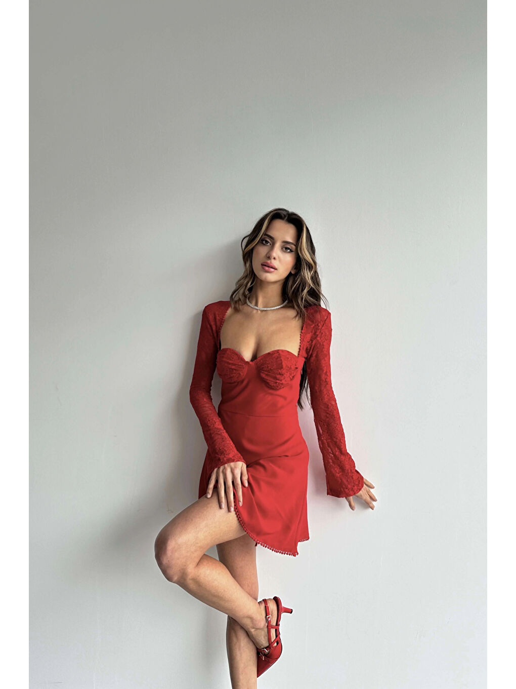 Kadın Kırmızı Dantel Detay Elbise 1026-221477-4