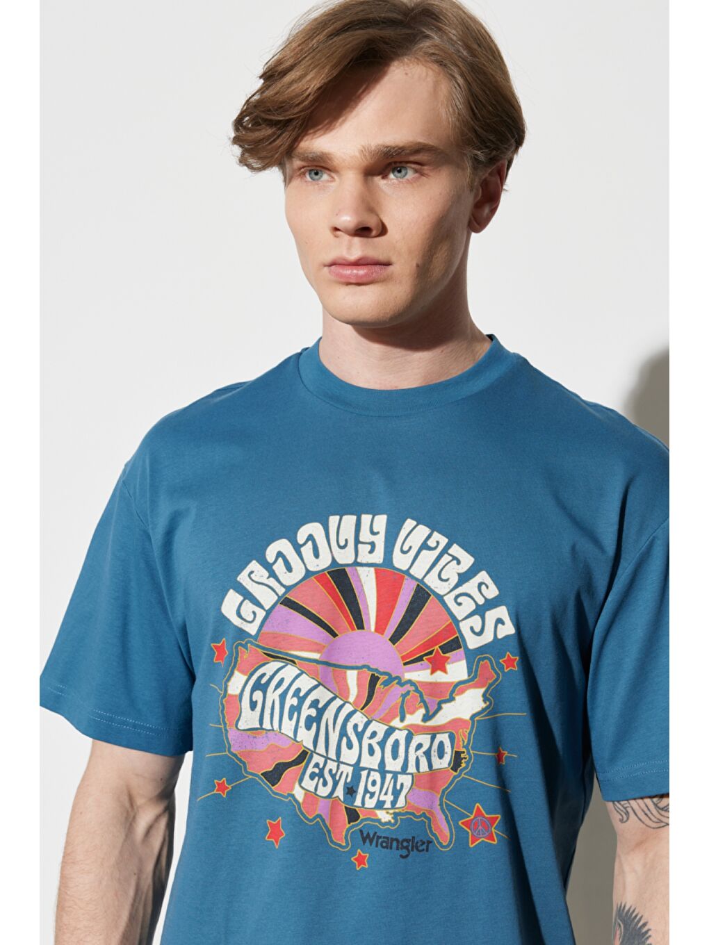 Loose Fit Rahat Kesim %100 Pamuk Bisiklet Yaka Petrol Mavisi Tişört-3