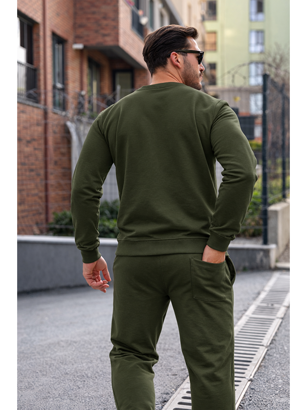 Erkek Pamuklu Bisiklet Yaka Dar Haki Eşofman Takımı-5