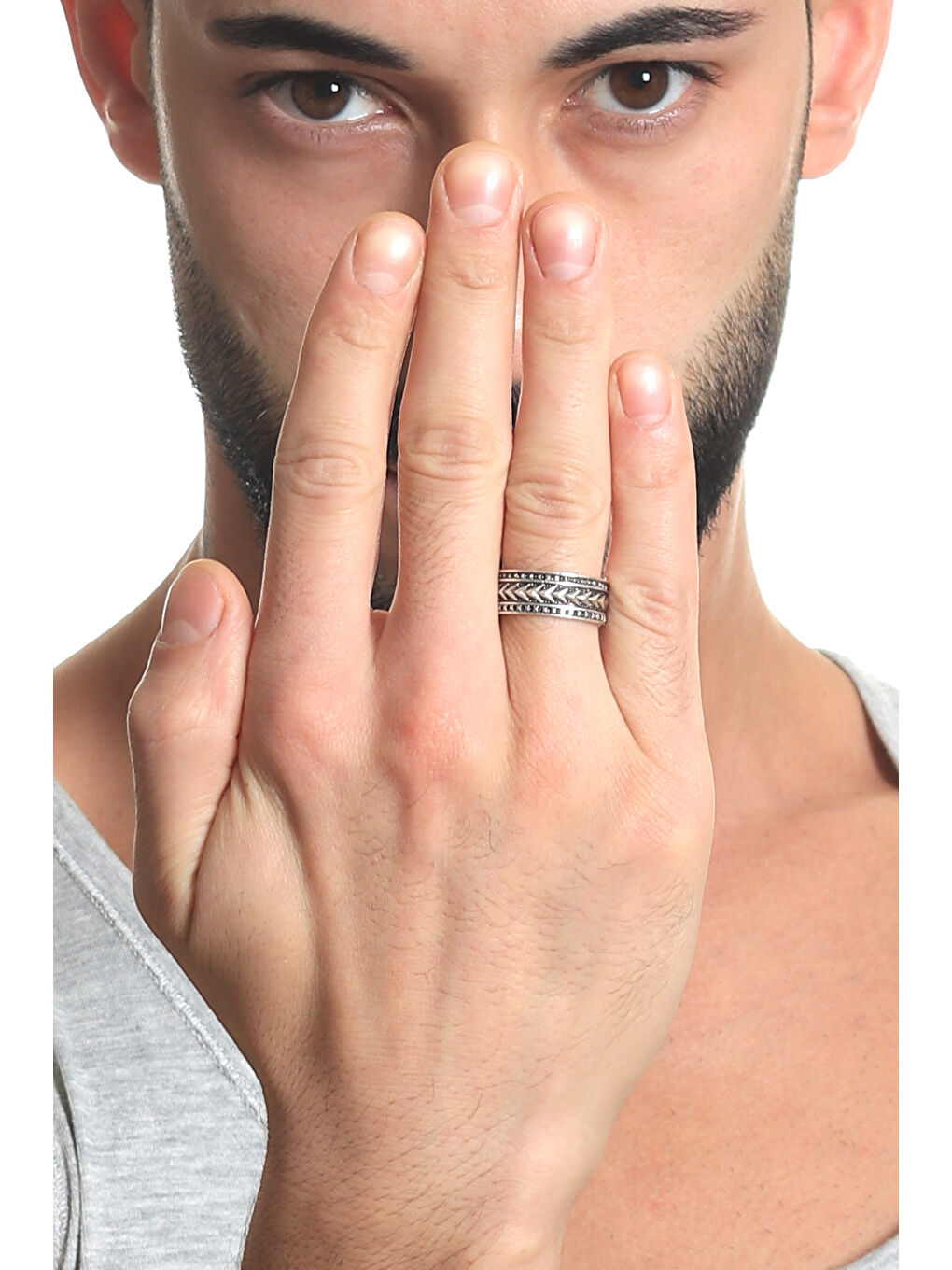 Gri Erkek Antik Gümüş Kaplama Ayarlanabilir Mızrak Ucu Desenli Yüzük-2