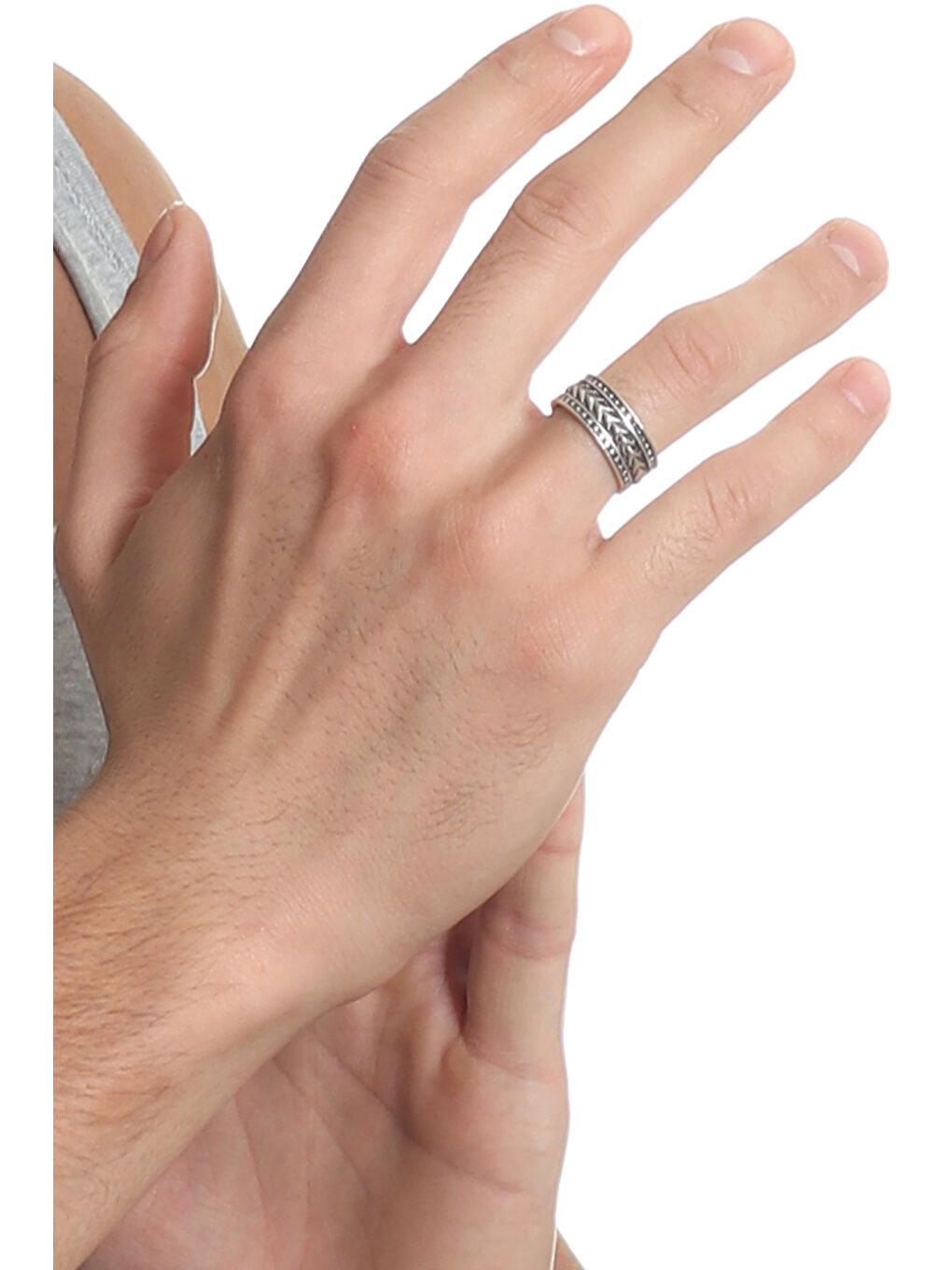 Gri Erkek Antik Gümüş Kaplama Ayarlanabilir Mızrak Ucu Desenli Yüzük-3