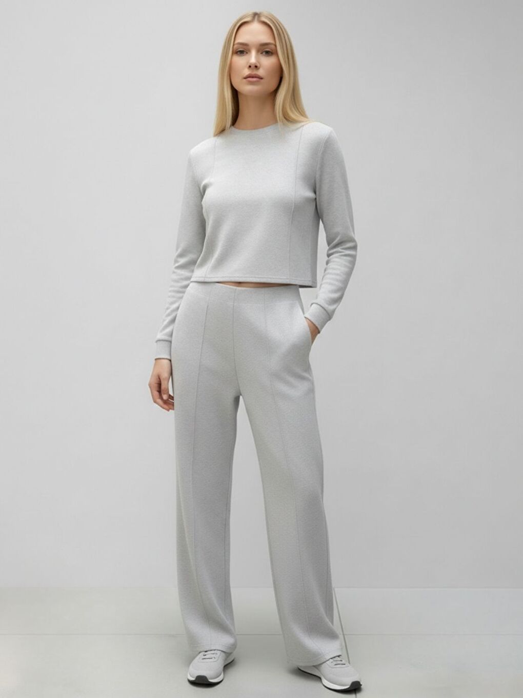 Kadın Gri Fitilli Örme Bel Boyu Bluz Pantolon Takım