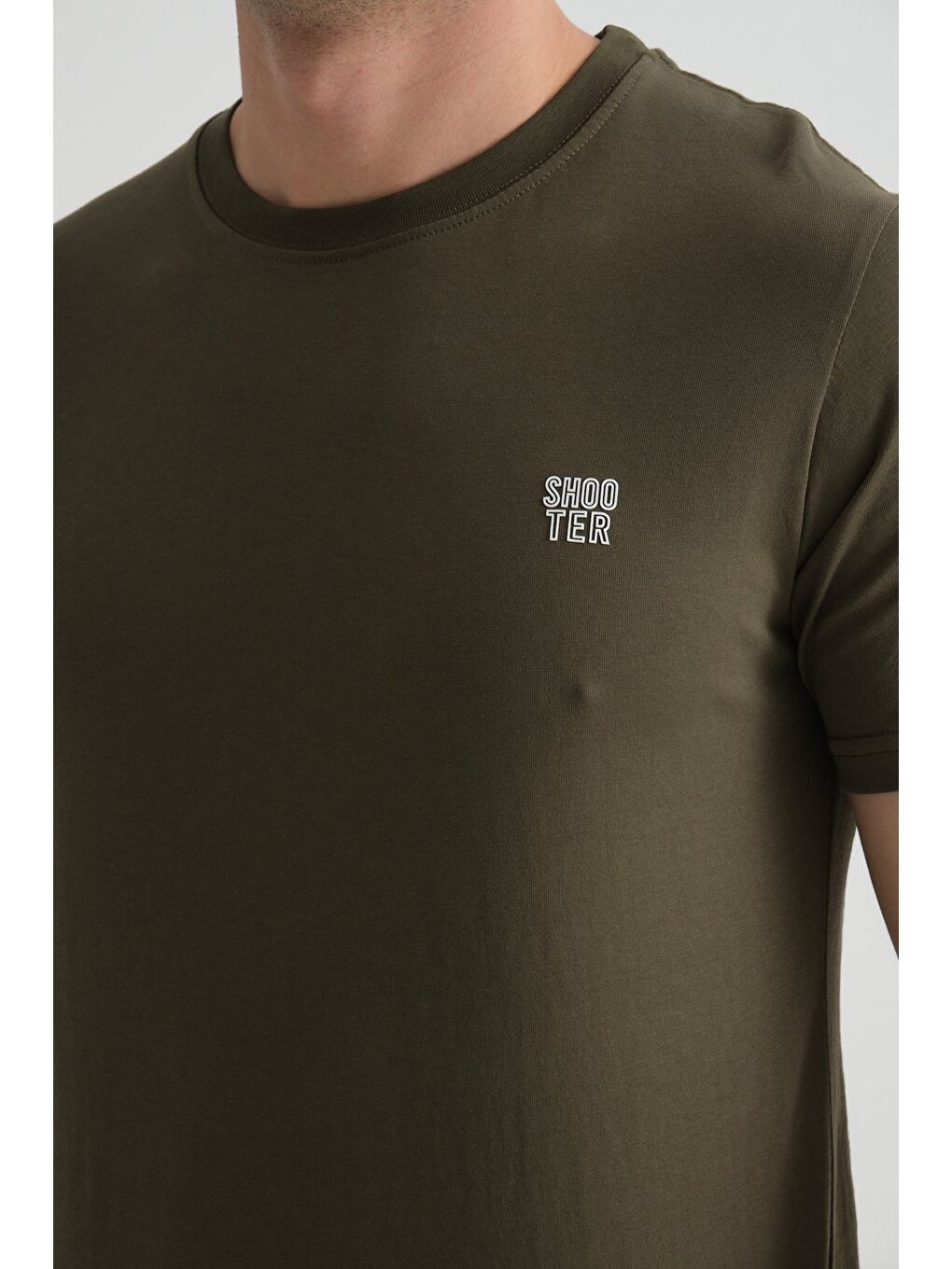 Haki Shooter Erkek Pamuklu Esnek T-shirt  Standart Kalıp Minimal Logolu-1