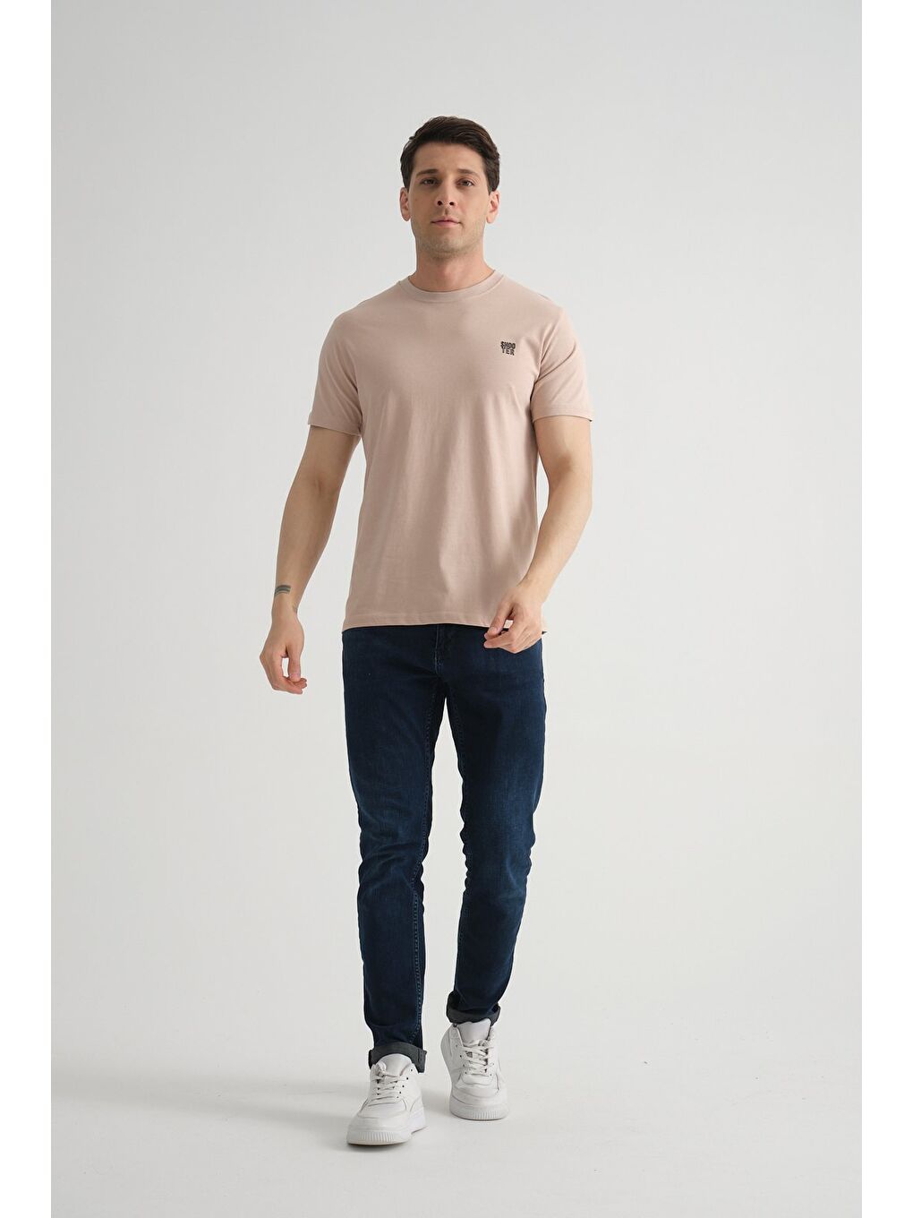 Bej Taş Shooter Erkek Pamuklu Esnek T-shirt  Standart Kalıp Minimal Logolu-2