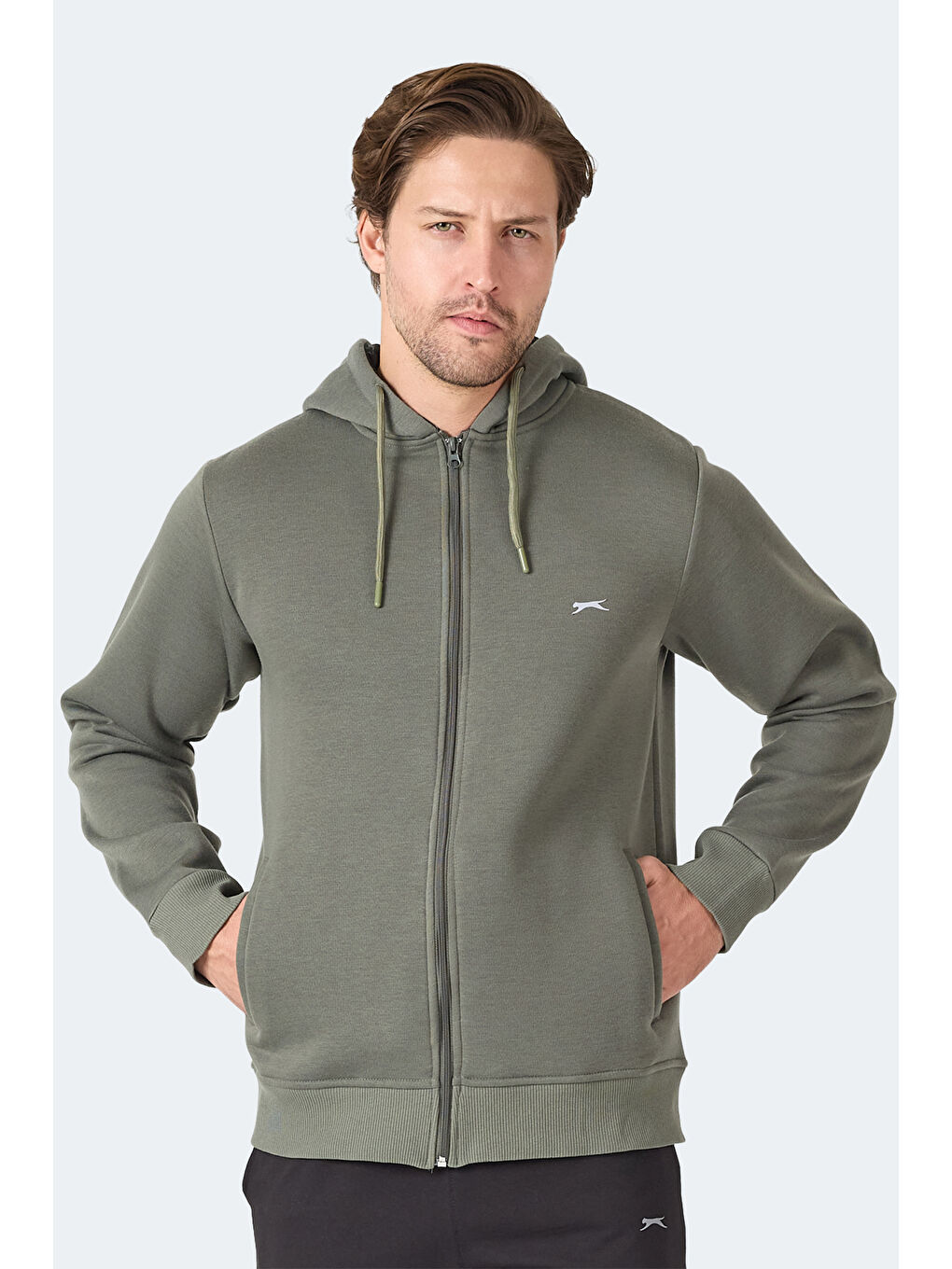 MAJESTIC I Erkek Fermuarlı Kapüşonlu Cepli Haki Sweatshırt