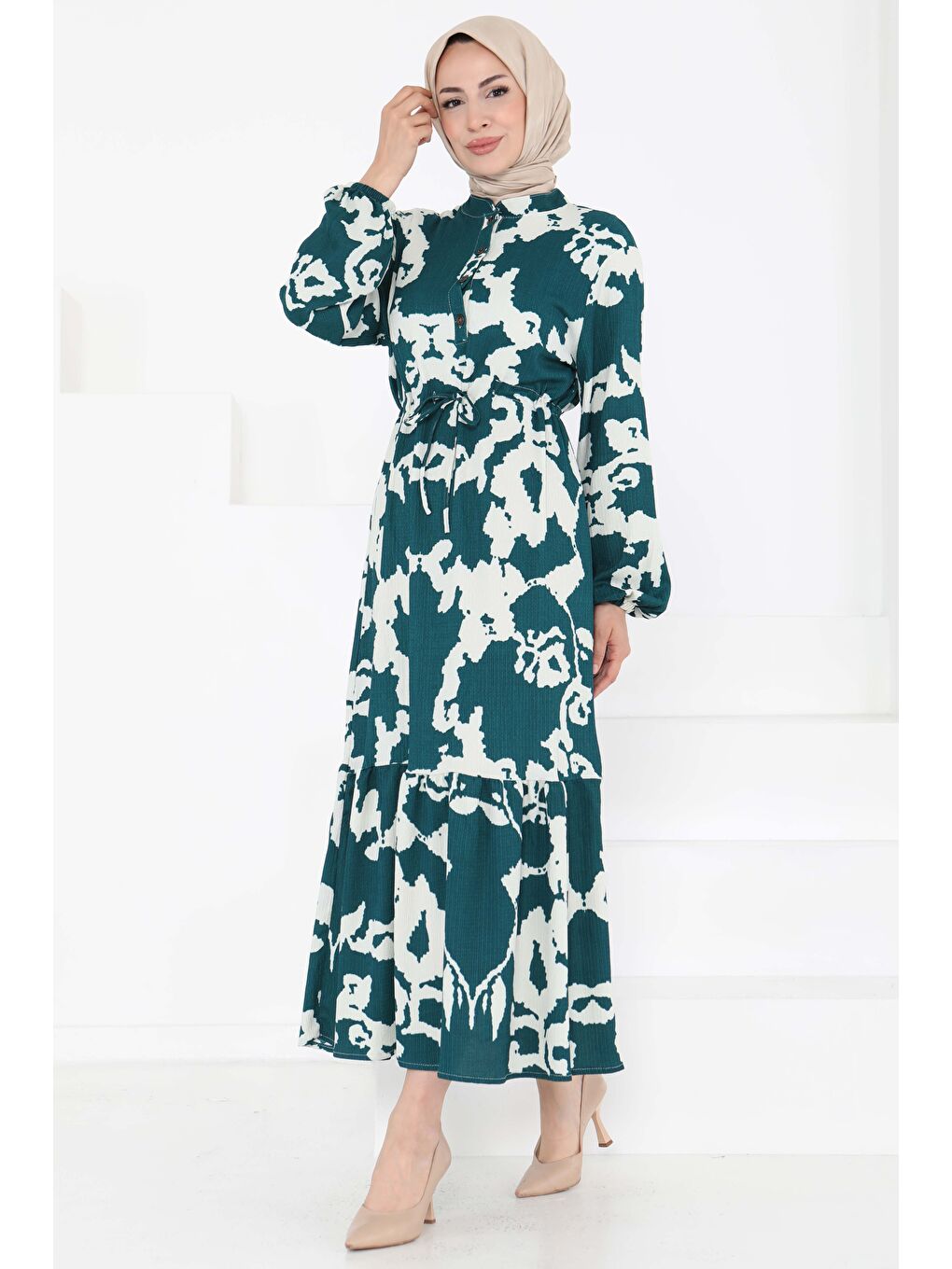 Yeşil Desenli Düğmeli Elbise Zumrut - 27189