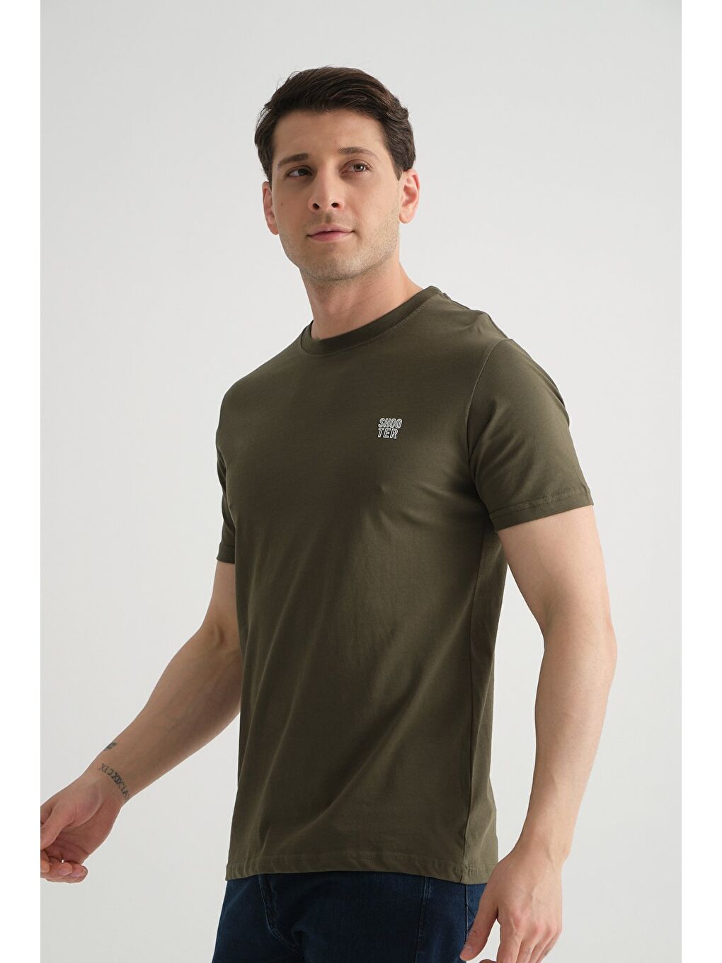Haki Shooter Erkek Pamuklu Esnek T-shirt  Standart Kalıp Minimal Logolu-2