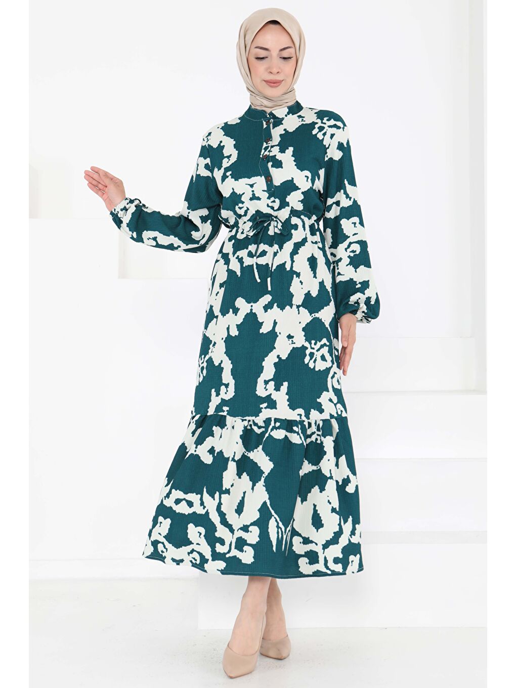 Yeşil Desenli Düğmeli Elbise Zumrut - 27189-1